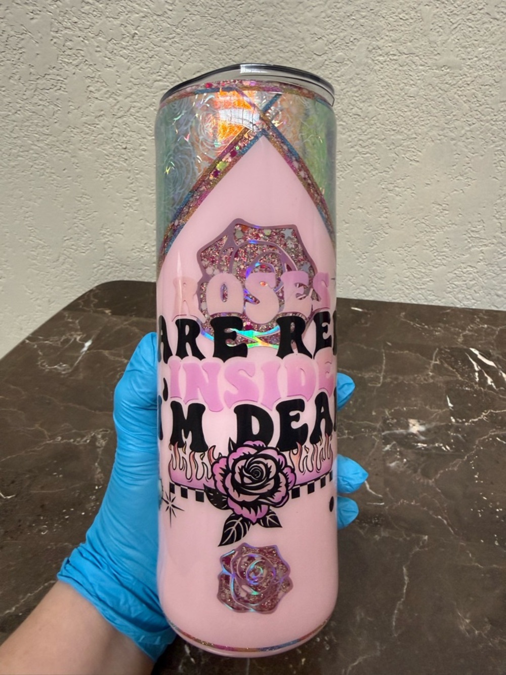 Pink Holographic Rose Dead Inside Handmade Glitter 20 oz Skinny Tumbler Cup